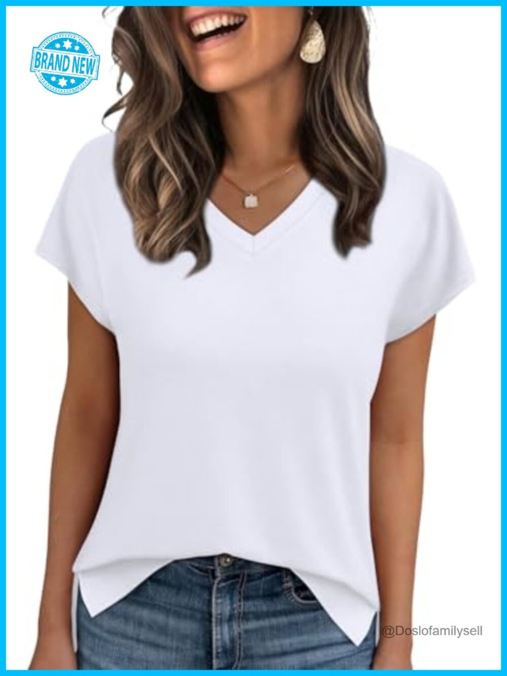 Womens V Neck Short Sleeve Top Casual Loose Fit Split Hem T Shirt